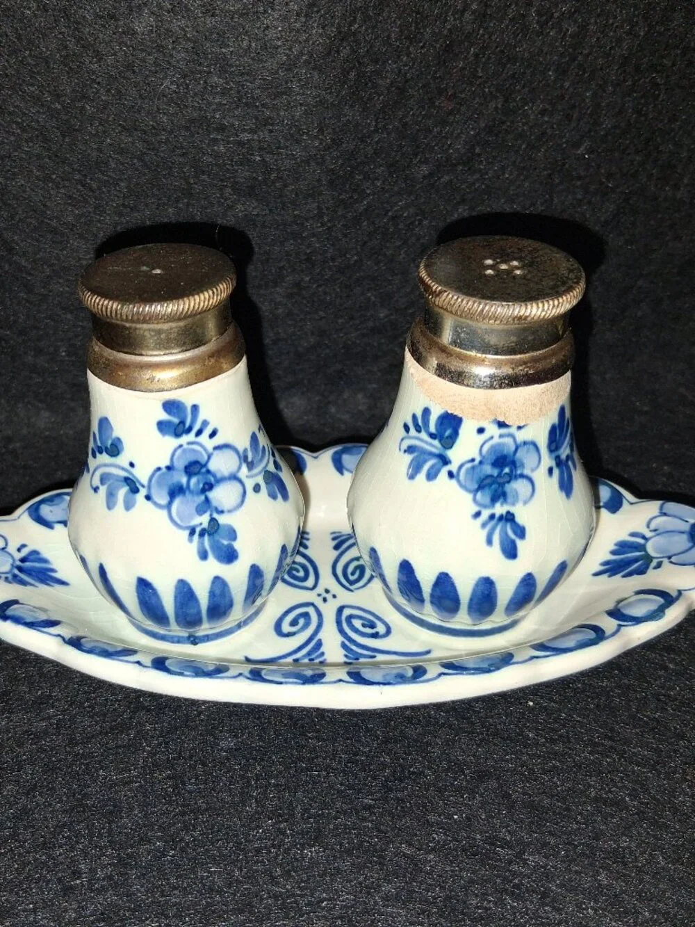Vintage Hand-Painted Delft Holland 3pc Set - Dated 1938-1978 Dish & S/P Shakers